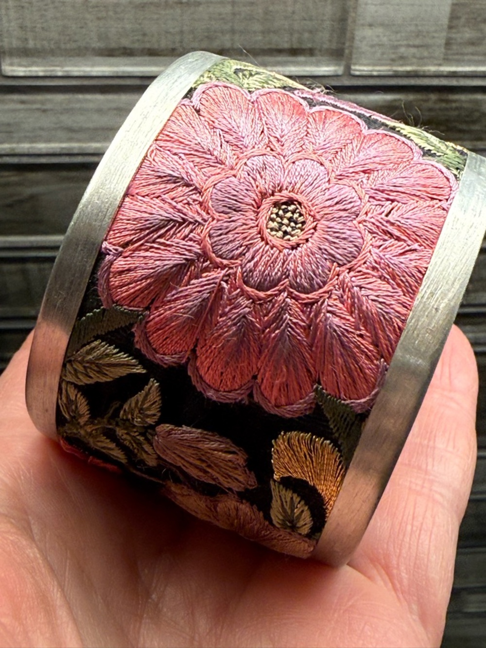 Embroidered Floral Cuff Embroidery fabric over silver tone Bracelet - black pink